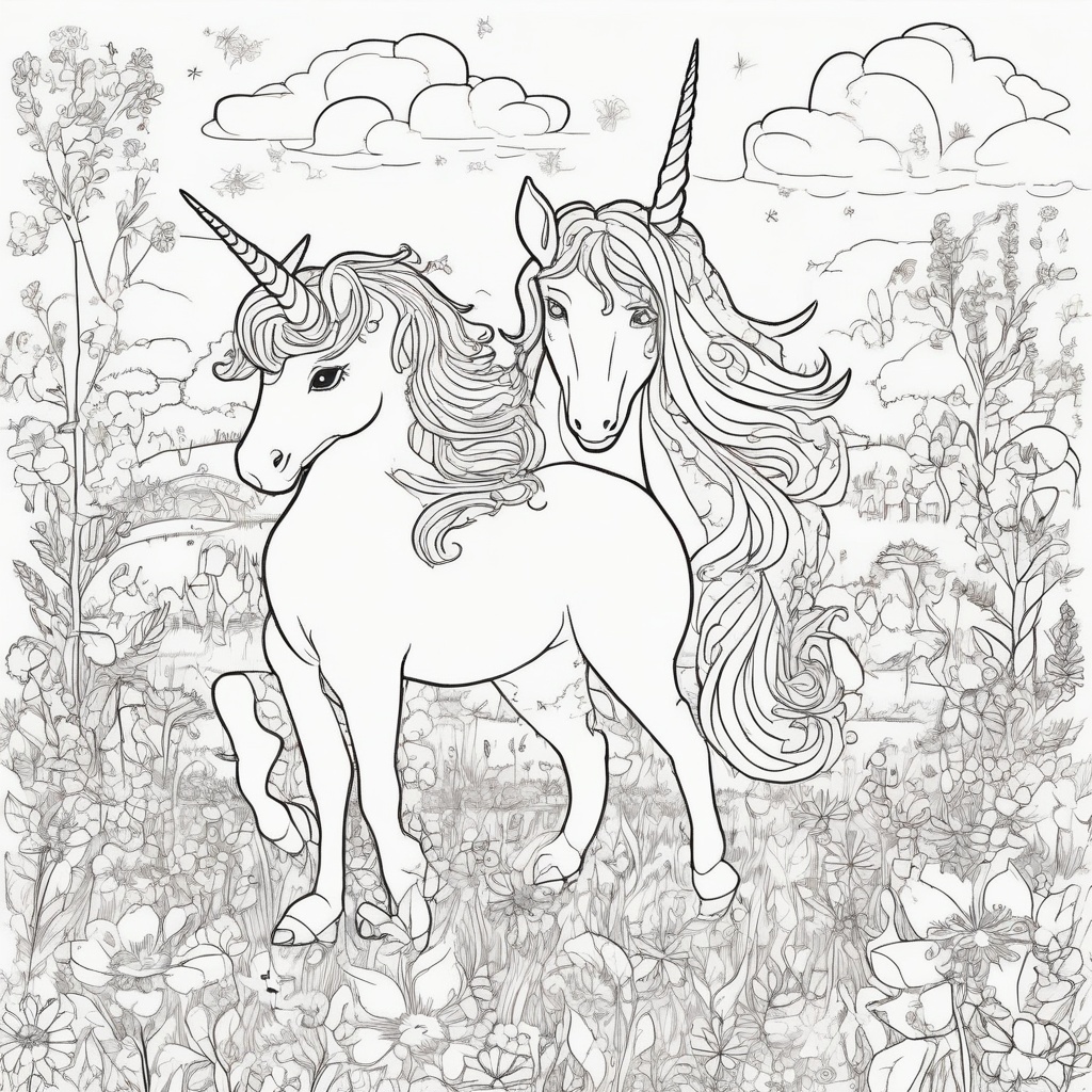 Unicorn and Fairy in a Magical Meadow Coloring Page coloring page from Unicorn theme - free printable line art for kids and adults