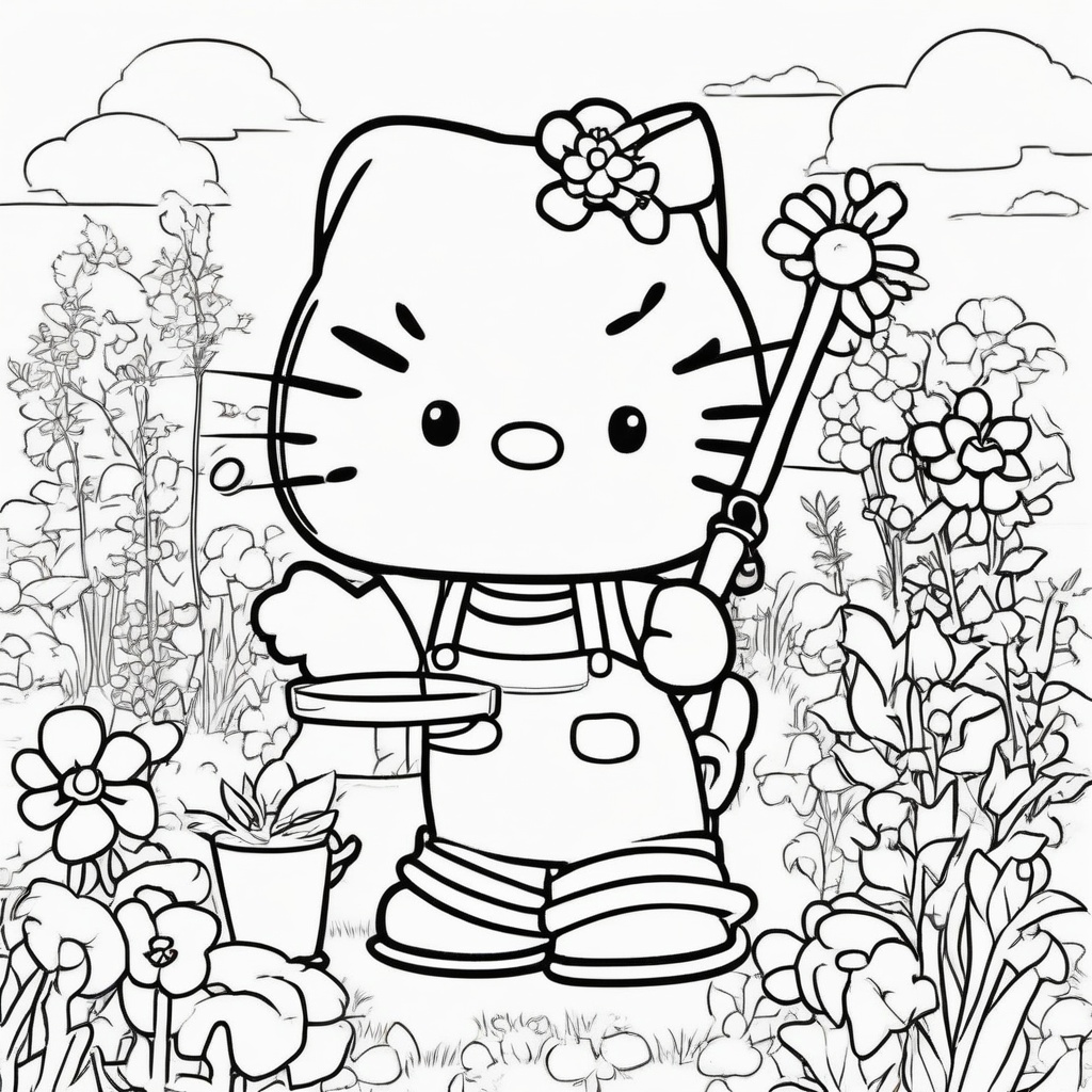 Hello Kitty in Garden coloring page from Hello Kitty theme - free printable line art for kids and adults