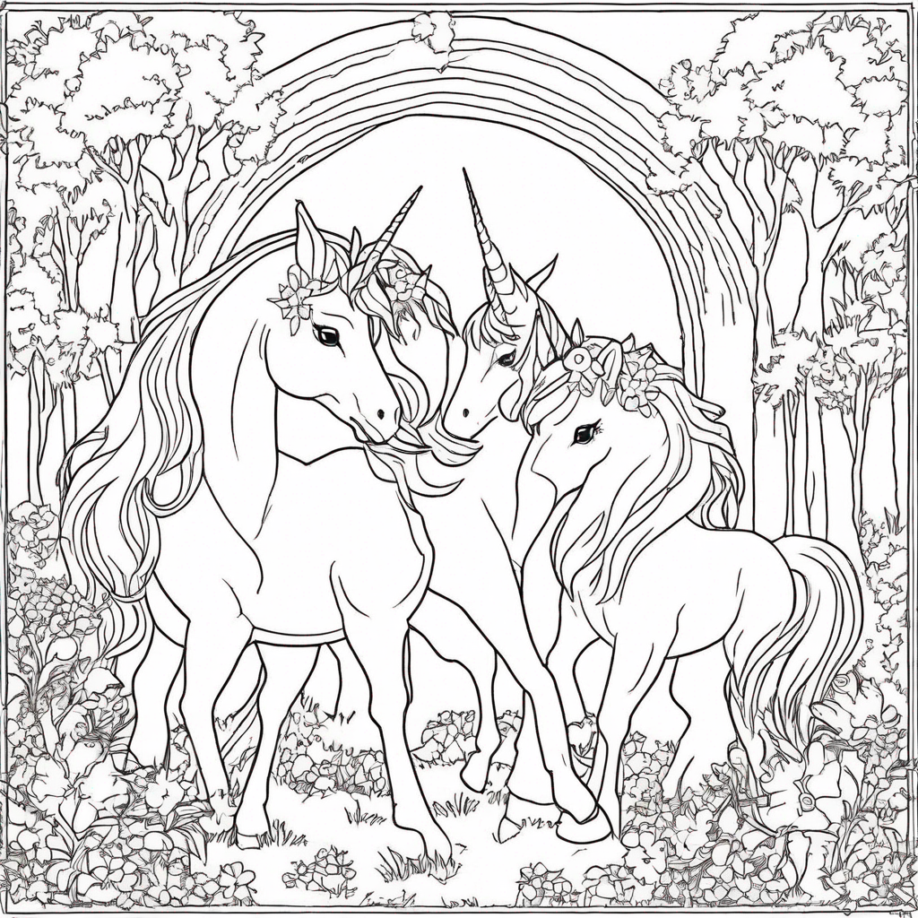 Unicorns in a Rainbow Forest Coloring Page coloring page from Unicorn theme - free printable line art for kids and adults