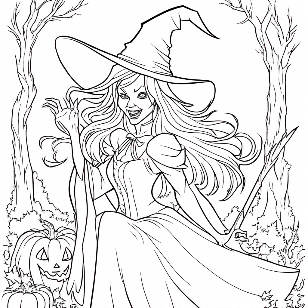 Enchanting Witch with a Pointed Hat Coloring Page coloring page from Wicked theme - free printable line art for kids and adults