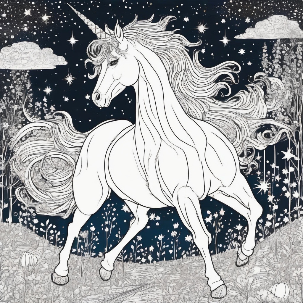  Unicorn Under the Starry Night Sky Coloring Page coloring page from Unicorn theme - free printable line art for kids and adults
