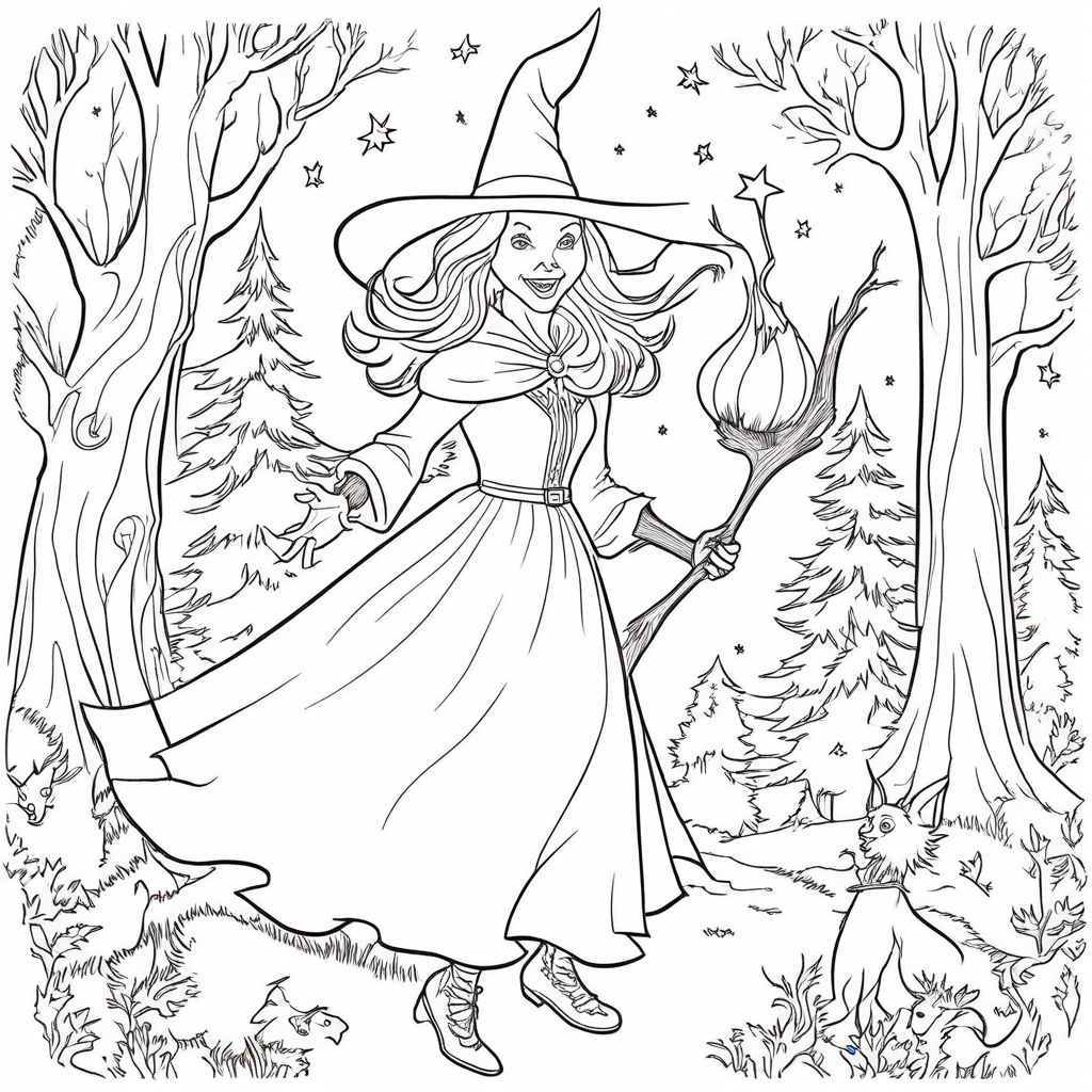 Enchanted Witch Casting a Spell in a Mysterious Forest Coloring Page coloring page from Wicked theme - free printable line art for kids and adults