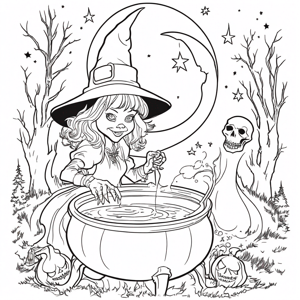 Moonlit Cauldron Conjurer Coloring Page coloring page from Wicked theme - free printable line art for kids and adults