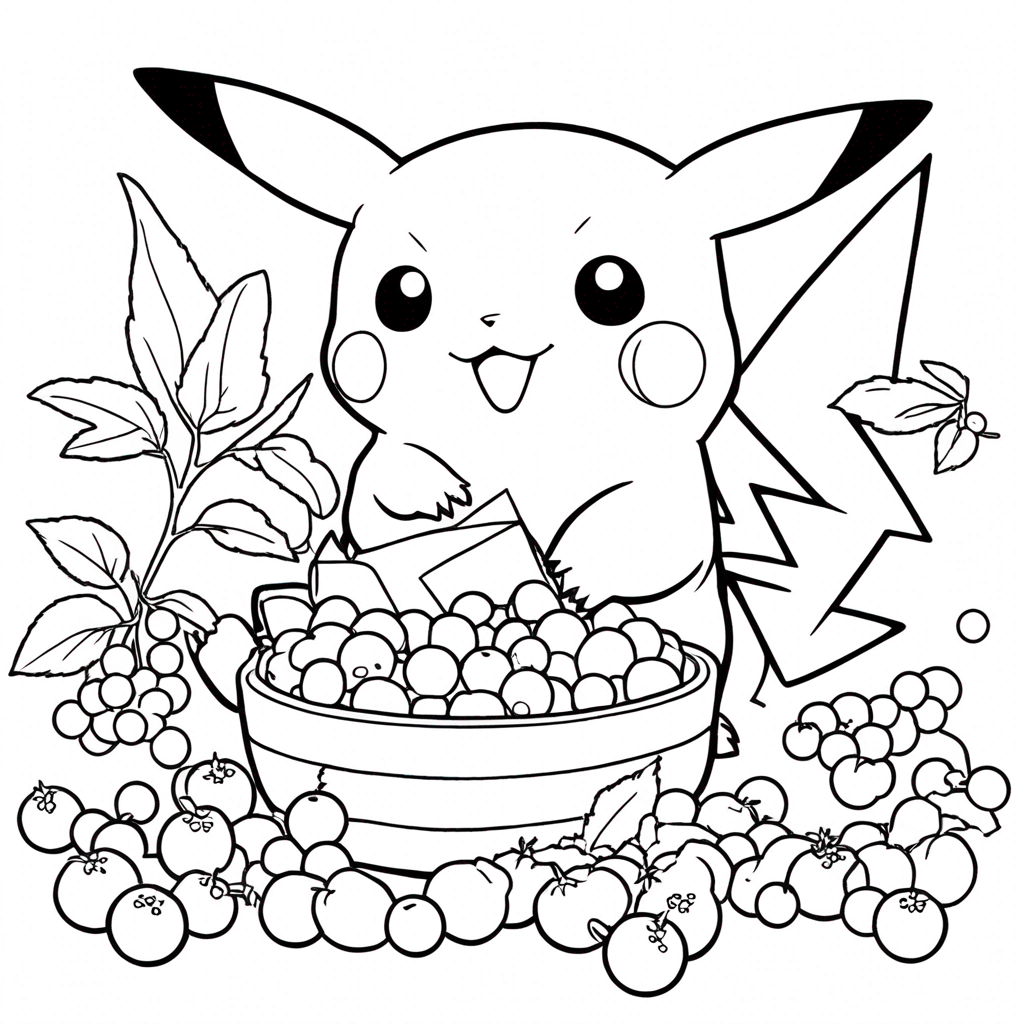 Pikachu Comendo Morangos: Uma Aventura Colorida coloring page from Pokemon theme - free printable line art for kids and adults